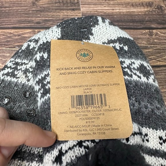 NWT Northeast Outfitters Men's Cozy Cabin Slippers Size Large (Black Grey Moose) - Picture 6 of 8